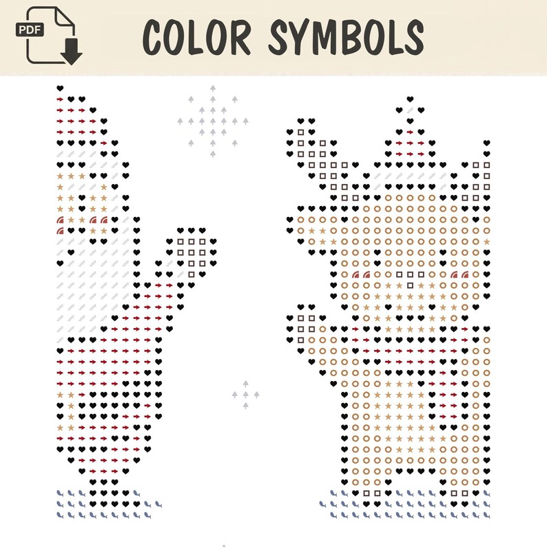 May include: A digital cross-stitch pattern titled COLOR SYMBOLS featuring two figures. The left figure is a person in a hat and the right figure is a reindeer. Both are composed of various black, red, and tan symbols on a white background.