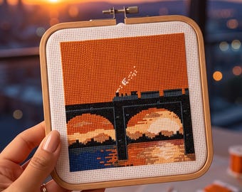 Sunset Steam Train Cross Stitch Pattern, Vintage Railway Bridge Sunset Landscape Needlepoint Chart, Instant Download PDF