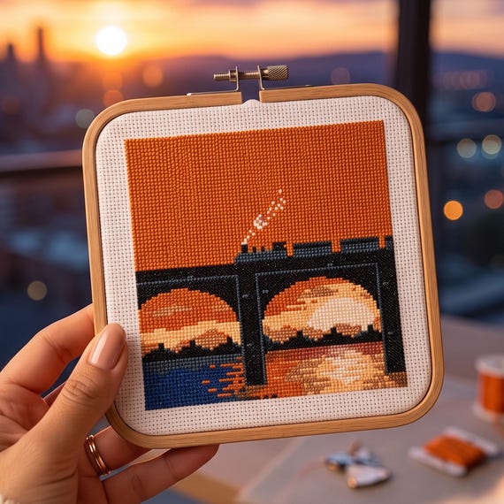 Sunset Steam Train Cross Stitch Pattern, Vintage Railway Bridge Sunset Landscape Needlepoint Chart, Instant Download PDF