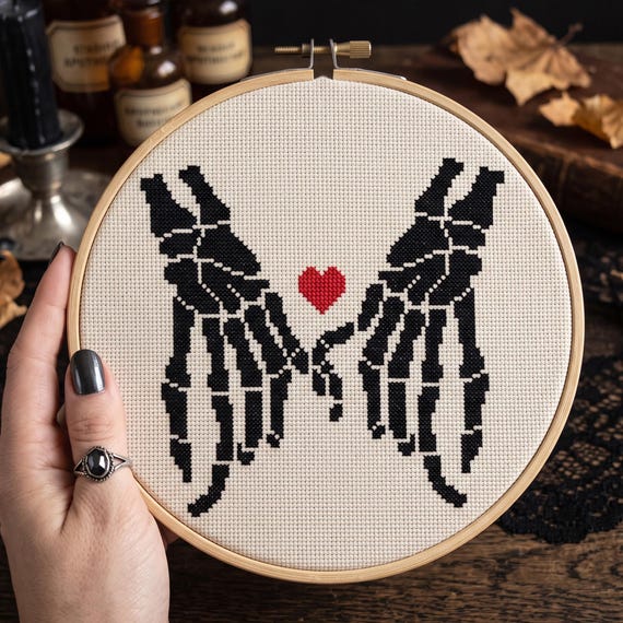Skeleton Hands Pinky Promise Cross Stitch Pattern, Spooky Love Heart Needlepoint Chart, Instant Download