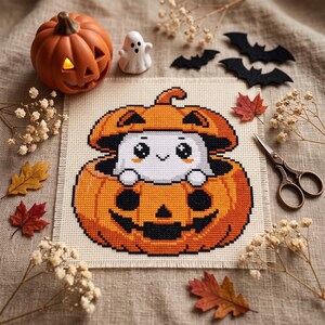 May include: A cross-stitch embroidery piece on beige fabric featuring a white ghost with large eyes peeking out from inside a carved orange jack-o'-lantern pumpkin. The design uses a pixelated style with clear black outlines and vibrant orange tones.