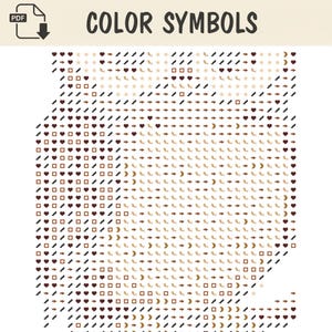 May include: A digital PDF document titled COLOR SYMBOLS featuring a grid of various icons including dark red hearts, brown squares, beige stars, black zig-zag lines, brown arrows, and beige crescent moons arranged in a repeating pattern.