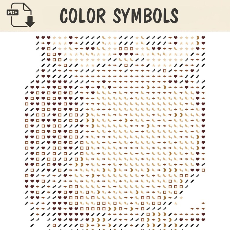 May include: A digital PDF document titled COLOR SYMBOLS featuring a grid of various icons including dark red hearts, brown squares, beige stars, black zig-zag lines, brown arrows, and beige crescent moons arranged in a repeating pattern.