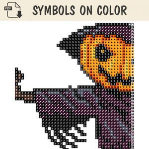 Puede incluir: Un patr&oacute;n de punto de cruz digital etiquetado como SYMBOLS ON COLOR que presenta un dise&ntilde;o de cuadr&iacute;cula de una figura con cabeza de calabaza. El patr&oacute;n utiliza cuadrados negros, naranjas y morados marcados con n&uacute;meros y s&iacute;mbolos.