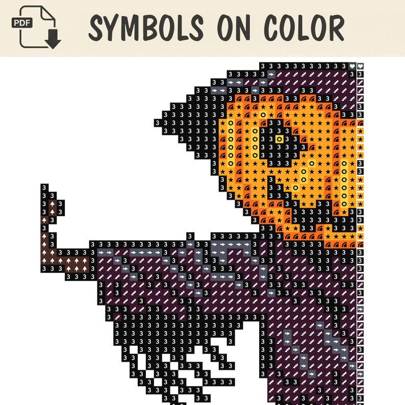 Puede incluir: Un patr&oacute;n de punto de cruz digital etiquetado como SYMBOLS ON COLOR que presenta un dise&ntilde;o de cuadr&iacute;cula de una figura con cabeza de calabaza. El patr&oacute;n utiliza cuadrados negros, naranjas y morados marcados con n&uacute;meros y s&iacute;mbolos.