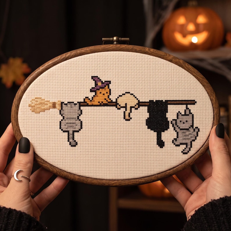 Korsstygnsmönster för katter, roliga katter, kusliga Halloween-nålstygnsdiagram, direktnedladdning bild 1