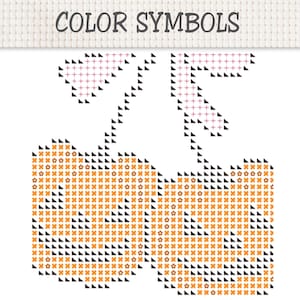 K&ouml;nnte beinhalten: Ein Kreuzstichmuster mit der &Uuml;berschrift COLOR SYMBOLS, das zwei K&uuml;rbisformen aus orangen und schwarzen Symbolen zeigt. Das Design enth&auml;lt zwei Stiele mit rosa Pluszeichen und schwarzen Dreiecken auf einem wei&szlig;en Rasterhintergrund.