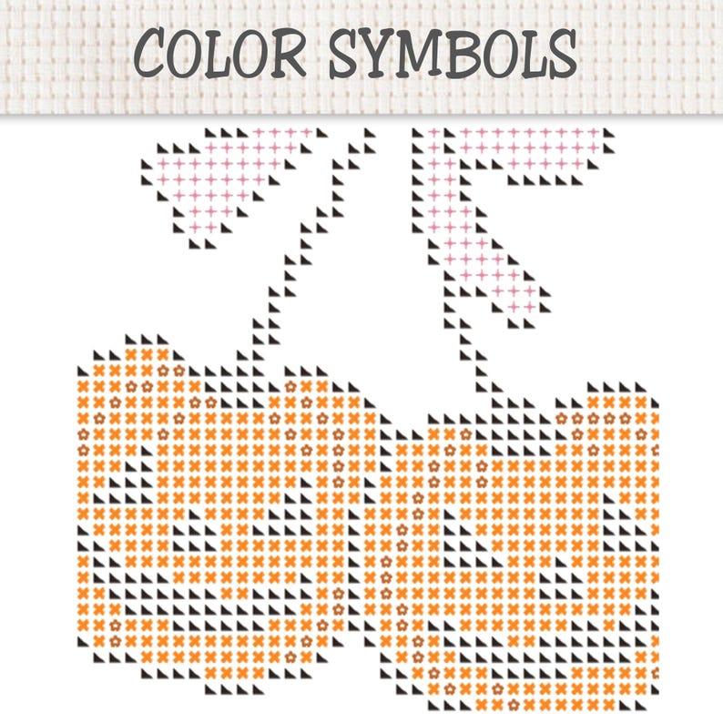 K&ouml;nnte beinhalten: Ein Kreuzstichmuster mit der &Uuml;berschrift COLOR SYMBOLS, das zwei K&uuml;rbisformen aus orangen und schwarzen Symbolen zeigt. Das Design enth&auml;lt zwei Stiele mit rosa Pluszeichen und schwarzen Dreiecken auf einem wei&szlig;en Rasterhintergrund.
