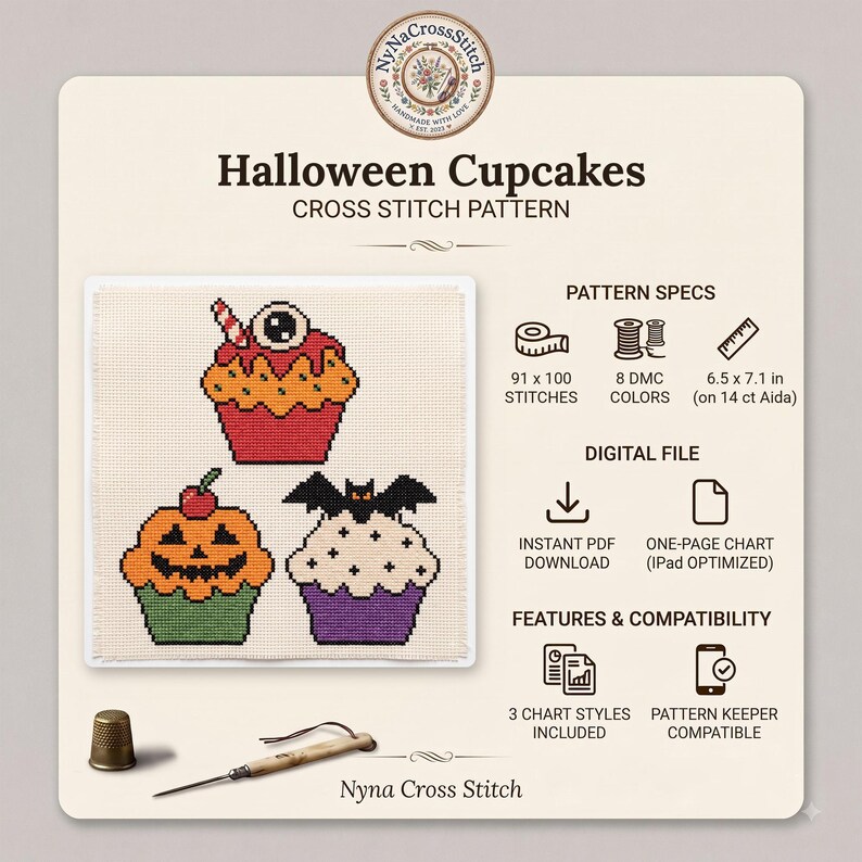 Puede incluir: Un patr&oacute;n de punto de cruz Halloween Cupcakes con tres cupcakes decorados con un globo ocular, una calabaza y un murci&eacute;lago. Las especificaciones incluyen 91 por 100 puntadas, 8 colores DMC y un tama&ntilde;o de 16,5 por 18,0 cm en Aida 14.