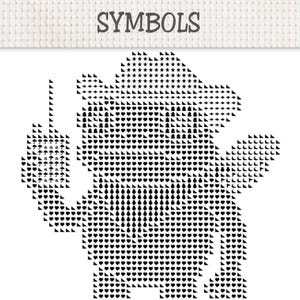 May include: A cross stitch pattern chart labeled SYMBOLS at the top. The design features a black and white grid composed of various geometric shapes, hearts, stars, and umbrella icons forming the silhouette of a character holding a small sign.