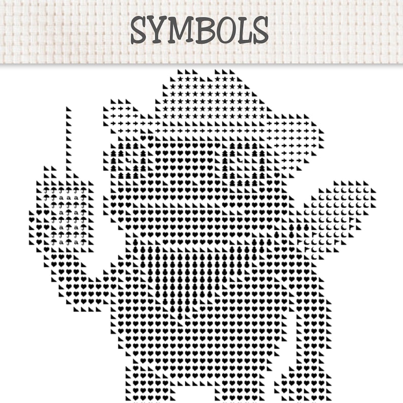 May include: A cross stitch pattern chart labeled SYMBOLS at the top. The design features a black and white grid composed of various geometric shapes, hearts, stars, and umbrella icons forming the silhouette of a character holding a small sign.
