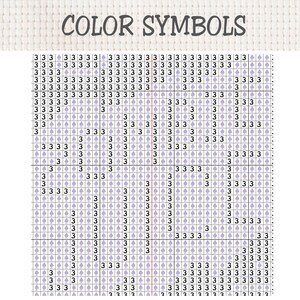 K&ouml;nnte beinhalten: Ein Kreuzstichmuster-Diagramm mit der &Uuml;berschrift COLOR SYMBOLS, das aus einem Raster von Quadraten besteht. Jedes Quadrat enth&auml;lt entweder die Zahl 3 oder ein hellviolettes Pik-Symbol. Das Raster ist in Zeilen und Spalten unterteilt.