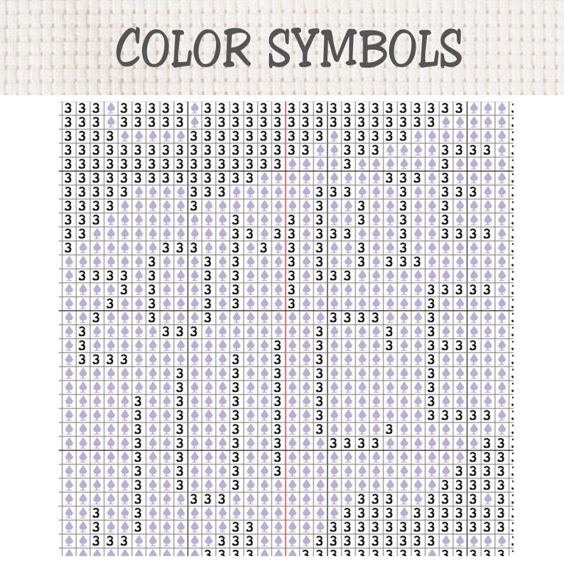 K&ouml;nnte beinhalten: Ein Kreuzstichmuster-Diagramm mit der &Uuml;berschrift COLOR SYMBOLS, das aus einem Raster von Quadraten besteht. Jedes Quadrat enth&auml;lt entweder die Zahl 3 oder ein hellviolettes Pik-Symbol. Das Raster ist in Zeilen und Spalten unterteilt.