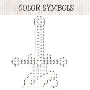 K&ouml;nnte beinhalten: Ein Kreuzstichmuster auf wei&szlig;em Stoff mit dem Text COLOR SYMBOLS am oberen Rand. Das Design zeigt eine zentrale vertikale Schwertform, die mit der Zahl 3 und kleinen grauen Dreieckssymbolen umrandet ist, auf einem Raster aus grauen Punkten.