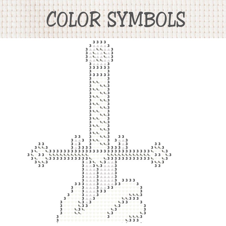 K&ouml;nnte beinhalten: Ein Kreuzstichmuster auf wei&szlig;em Stoff mit dem Text COLOR SYMBOLS am oberen Rand. Das Design zeigt eine zentrale vertikale Schwertform, die mit der Zahl 3 und kleinen grauen Dreieckssymbolen umrandet ist, auf einem Raster aus grauen Punkten.