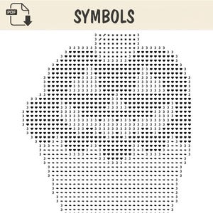Puede incluir: Un diagrama de patr&oacute;n digital titulado SYMBOLS que presenta una cuadr&iacute;cula de caracteres negros que incluyen el n&uacute;mero 3, iconos de corazones, estrellas y flechas dispuestos para formar la silueta de una cabeza mediante s&iacute;mbolos.