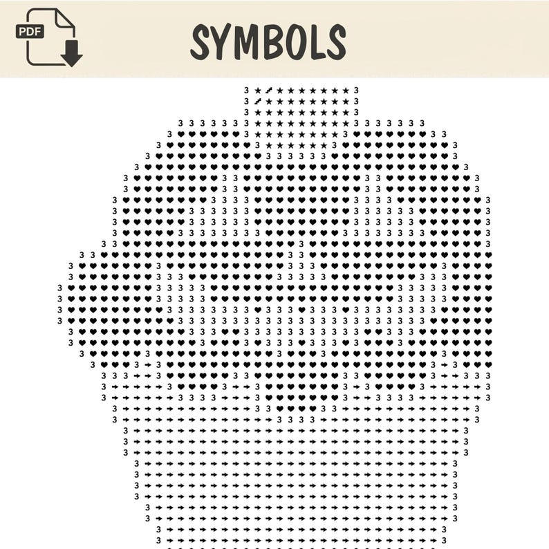 Puede incluir: Un diagrama de patr&oacute;n digital titulado SYMBOLS que presenta una cuadr&iacute;cula de caracteres negros que incluyen el n&uacute;mero 3, iconos de corazones, estrellas y flechas dispuestos para formar la silueta de una cabeza mediante s&iacute;mbolos.