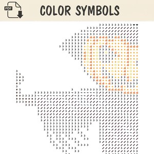 Puede incluir: Una tabla de patrones PDF digital titulada COLOR SYMBOLS que presenta una cuadr&iacute;cula de caracteres alfanum&eacute;ricos e iconos. El dise&ntilde;o incluye el n&uacute;mero 3, flechas, estrellas y s&iacute;mbolos circulares dispuestos en un patr&oacute;n para guiar un proyecto.