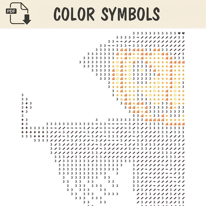 Puede incluir: Una tabla de patrones PDF digital titulada COLOR SYMBOLS que presenta una cuadr&iacute;cula de caracteres alfanum&eacute;ricos e iconos. El dise&ntilde;o incluye el n&uacute;mero 3, flechas, estrellas y s&iacute;mbolos circulares dispuestos en un patr&oacute;n para guiar un proyecto.