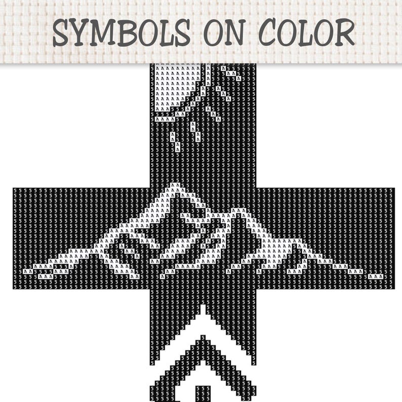 Peut inclure: Un diagramme de point de croix en forme de croix sur un fond quadrill&eacute; blanc avec le texte SYMBOLS ON COLOR en haut. Le motif pr&eacute;sente une grille noire et blanche r&eacute;p&eacute;titive remplie de la lettre A et du chiffre 5 en forme de montagne.