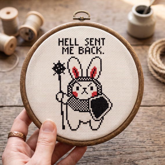 Hell Sent Me Back Cross Stitch Pattern| Angry Knight Bunny Medieval Rabbit Needlepoint | Instant Download PDF