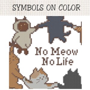 K&ouml;nnte beinhalten: Ein Kreuzstichmuster mit dem Titel SYMBOLS ON COLOR und dem Text No Meow No Life. Das Design enth&auml;lt pixelige Illustrationen von vier Katzen in verschiedenen Posen und Farben, darunter Braun, Grau und Schwarz, die auf einem Raster angeordnet sind.