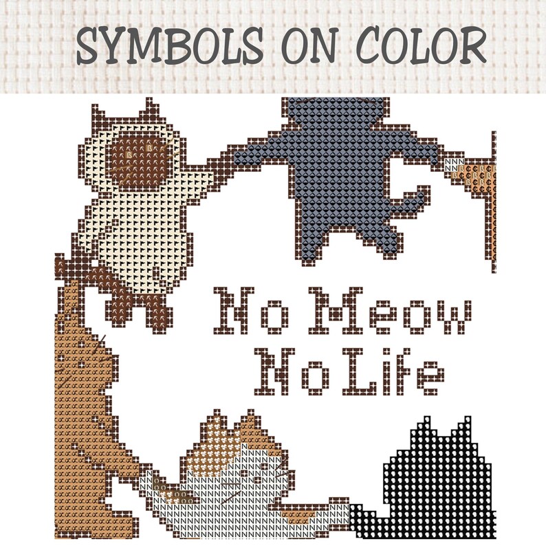 K&ouml;nnte beinhalten: Ein Kreuzstichmuster mit dem Titel SYMBOLS ON COLOR und dem Text No Meow No Life. Das Design enth&auml;lt pixelige Illustrationen von vier Katzen in verschiedenen Posen und Farben, darunter Braun, Grau und Schwarz, die auf einem Raster angeordnet sind.