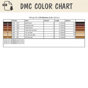 May include: A DMC color chart for cross-stitch featuring a table with columns for number, name, strands, length in skeins, and stitch count. The chart lists seven thread colors including black brown, rosewood dark, and golden brown with dimensions.
