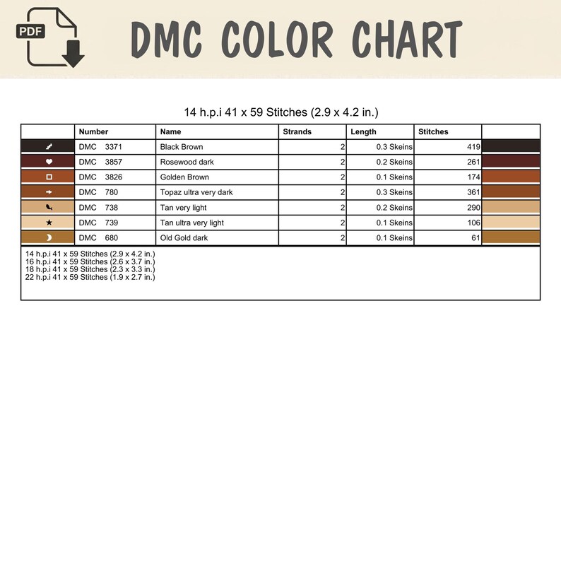 May include: A DMC color chart for cross-stitch featuring a table with columns for number, name, strands, length in skeins, and stitch count. The chart lists seven thread colors including black brown, rosewood dark, and golden brown with dimensions.