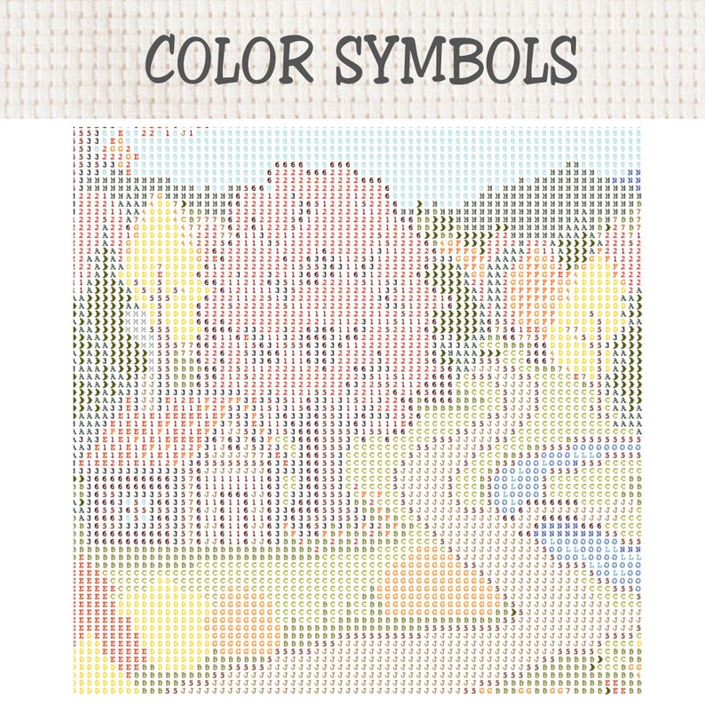 May include: A cross-stitch pattern chart titled COLOR SYMBOLS featuring a grid on white fabric. The design displays a dense arrangement of alphanumeric characters and symbols in various colors, including red, yellow, green, blue, and black.