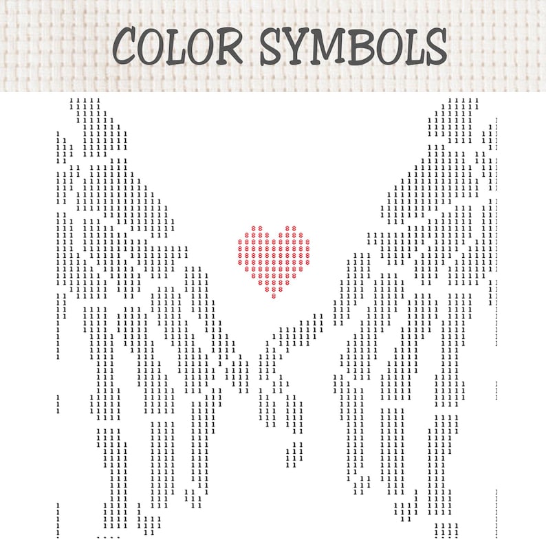 K&ouml;nnte beinhalten: Ein Kreuzstichmuster auf wei&szlig;em Stoff mit dem Text COLOR SYMBOLS oben. Das Design besteht aus zwei symmetrischen Fl&uuml;geln, die aus der Zahl 1 in schwarzer Tinte gebildet werden, mit einem roten Herz aus der Zahl 8 in der Mitte.