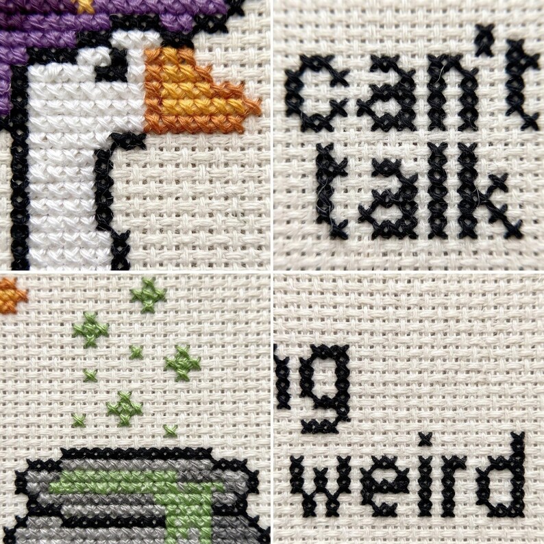 May include: A cross-stitch embroidery on white Aida fabric featuring a white goose with an orange beak and purple hat, a grey cauldron with green liquid, small green stars, and the black stitched text can't talk, big weird.