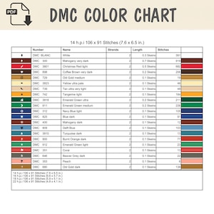 Pode incluir: Uma tabela de cores DMC para ponto cruz com colunas para s&iacute;mbolos, n&uacute;meros DMC, nomes de cores, contagem de fios, comprimentos de meadas e contagem de pontos. A tabela lista 14 h.p.i 106 x 91 pontos medindo 19,3 x 16,5 cm.