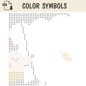 May include: A digital color symbols chart for a craft project featuring the text COLOR SYMBOLS at the top. The document displays a grid layout filled with repeating number 3s, small yellow dashes, red curved icons, light pink circles, and yellow squares.