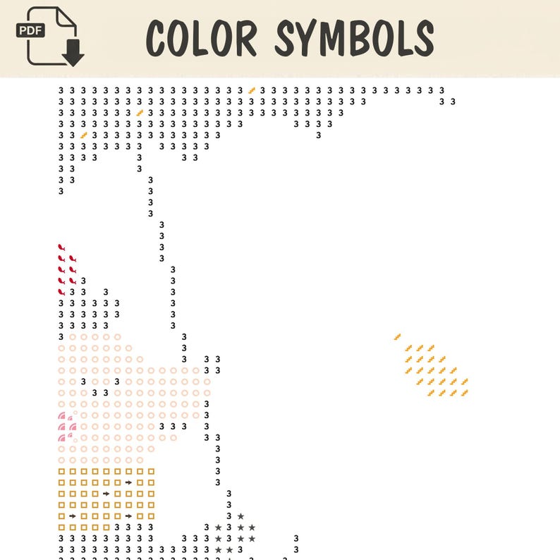 May include: A digital color symbols chart for a craft project featuring the text COLOR SYMBOLS at the top. The document displays a grid layout filled with repeating number 3s, small yellow dashes, red curved icons, light pink circles, and yellow squares.