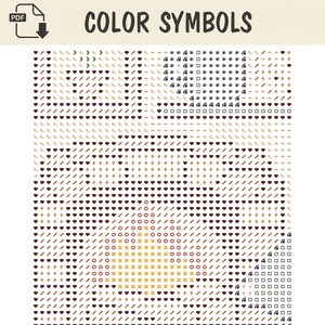Pode incluir: Um padr&atilde;o digital de ponto cruz intitulado COLOR SYMBOLS apresentando uma grade de v&aacute;rios &iacute;cones, incluindo cora&ccedil;&otilde;es, setas, quadrados, &aacute;rvores e c&iacute;rculos em tons de marrom, amarelo e preto para projetos de bordado.