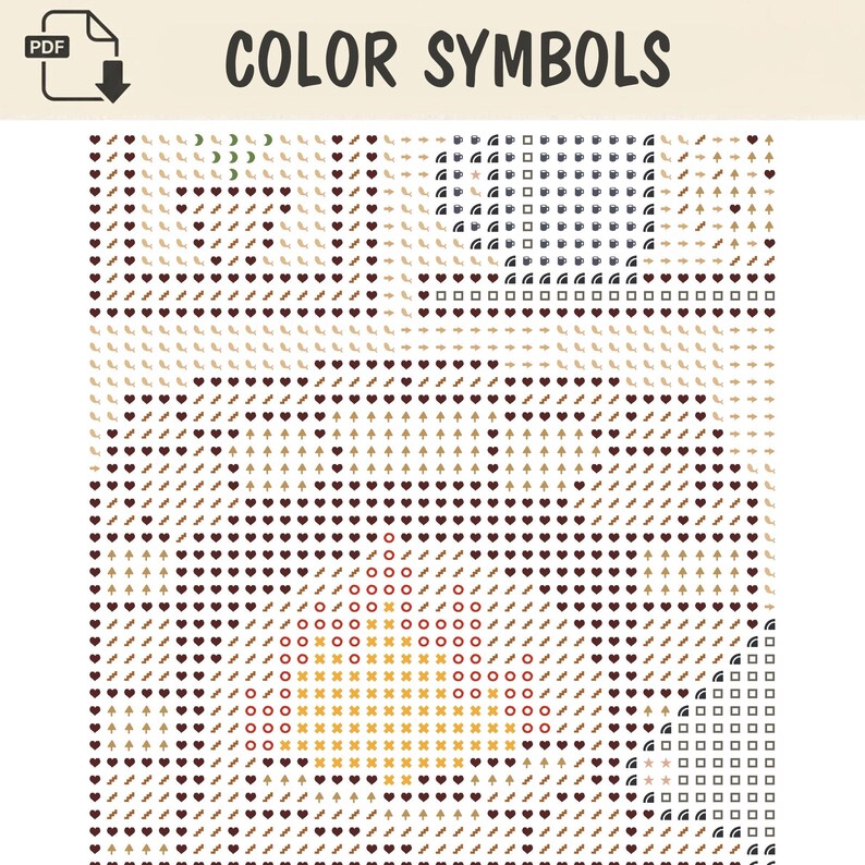 Pode incluir: Um padr&atilde;o digital de ponto cruz intitulado COLOR SYMBOLS apresentando uma grade de v&aacute;rios &iacute;cones, incluindo cora&ccedil;&otilde;es, setas, quadrados, &aacute;rvores e c&iacute;rculos em tons de marrom, amarelo e preto para projetos de bordado.