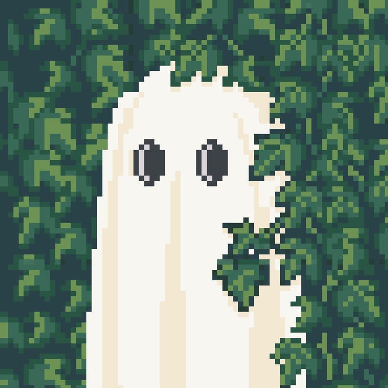 May include: A pixel art illustration of a white ghost figure with two dark gray oval eyes. The ghost is partially obscured by a dense pattern of dark and light green ivy leaves that frame the figure on both sides and across the top edge.