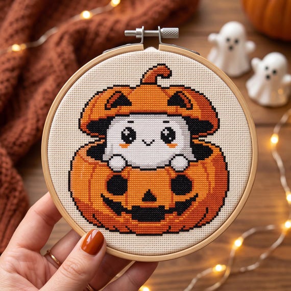 Pumpkin Ghost Cross Stitch Pattern PDF, Cute Kawaii Halloween Jack O Lantern Needlepoint, Instant Download