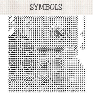 K&ouml;nnte beinhalten: Ein schwarz-wei&szlig;es Kreuzstichmuster-Diagramm mit der &Uuml;berschrift SYMBOLS, das ein Raster aus verschiedenen Symbolen wie Herzen, Pfeilen, Regenschirmen, Buchstaben und geometrischen Formen in Reihen und Spalten zeigt.