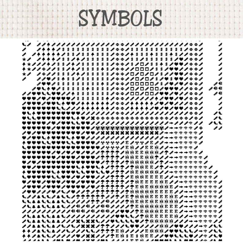 K&ouml;nnte beinhalten: Ein schwarz-wei&szlig;es Kreuzstichmuster-Diagramm mit der &Uuml;berschrift SYMBOLS, das ein Raster aus verschiedenen Symbolen wie Herzen, Pfeilen, Regenschirmen, Buchstaben und geometrischen Formen in Reihen und Spalten zeigt.