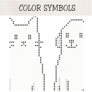 Puede incluir: Un patr&oacute;n de punto de cruz titulado COLOR SYMBOLS sobre una cuadr&iacute;cula de tela clara. El dise&ntilde;o utiliza peque&ntilde;os iconos de tazas de caf&eacute; negras para delinear las siluetas de un gato a la izquierda y un perro a la derecha sobre fondo blanco.
