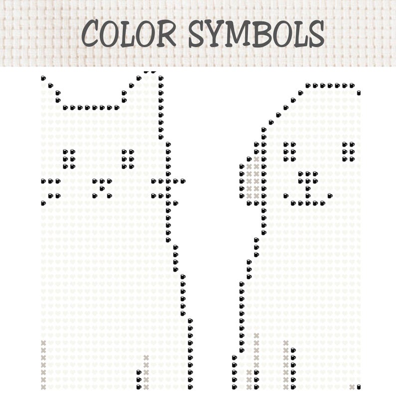Puede incluir: Un patr&oacute;n de punto de cruz titulado COLOR SYMBOLS sobre una cuadr&iacute;cula de tela clara. El dise&ntilde;o utiliza peque&ntilde;os iconos de tazas de caf&eacute; negras para delinear las siluetas de un gato a la izquierda y un perro a la derecha sobre fondo blanco.