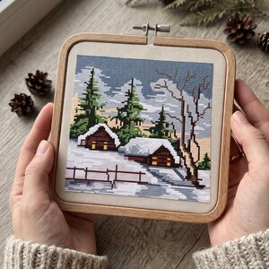 Korsstygnsmönster för vinter, snöig tallskog, digital PDF-nedladdning, naturlandskap xStitch bild 2