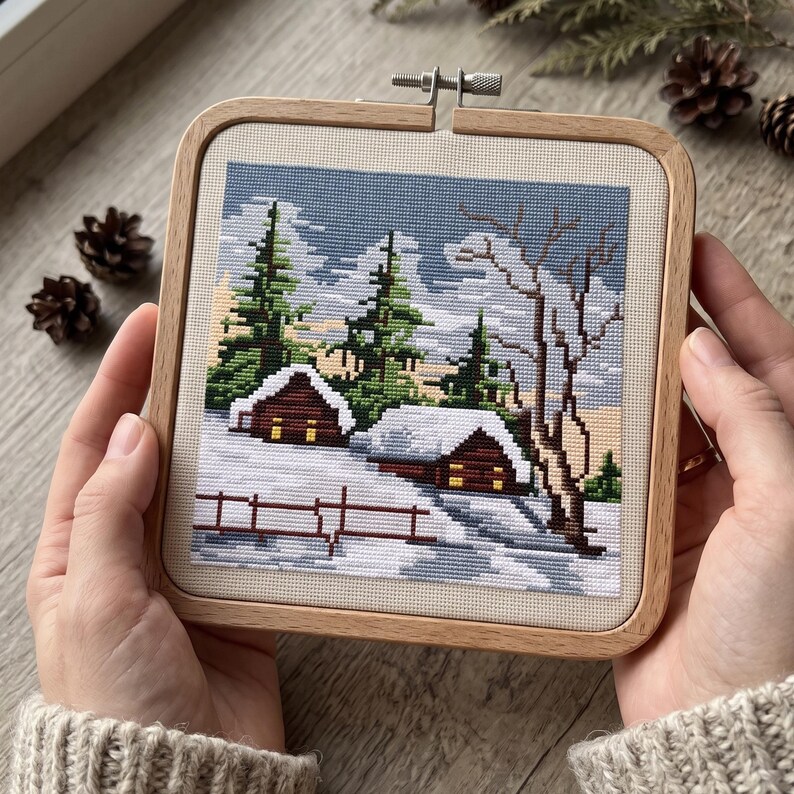 Korsstygnsmönster för vinter, snöig tallskog, digital PDF-nedladdning, naturlandskap xStitch bild 2