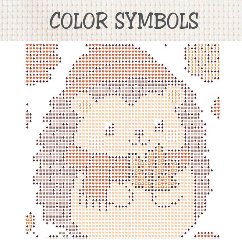 K&ouml;nnte beinhalten: Ein Kreuzstichmuster mit der &Uuml;berschrift COLOR SYMBOLS, das ein Raster aus verschiedenen Symbolen wie Herzen, B&auml;umen, Monden und geometrischen Formen in Braun-, Orange- und Cremet&ouml;nen zeigt, um die Platzierung des Stickgarns zu leiten.