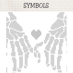 K&ouml;nnte beinhalten: Ein Kreuzstichmuster mit der &Uuml;berschrift SYMBOLS in einem schwarz-wei&szlig;en Rasterdesign. Das Muster zeigt zwei symmetrische, gefiederte Fl&uuml;gel, die einander zugewandt sind, mit einem Herz in der Mitte, bestehend aus den Ziffern 1 und 8.