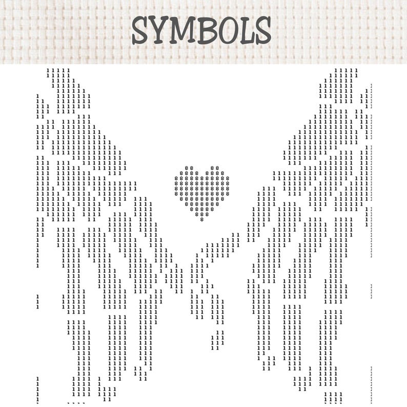 K&ouml;nnte beinhalten: Ein Kreuzstichmuster mit der &Uuml;berschrift SYMBOLS in einem schwarz-wei&szlig;en Rasterdesign. Das Muster zeigt zwei symmetrische, gefiederte Fl&uuml;gel, die einander zugewandt sind, mit einem Herz in der Mitte, bestehend aus den Ziffern 1 und 8.