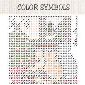 K&ouml;nnte beinhalten: Ein Kreuzstichmuster mit der &Uuml;berschrift COLOR SYMBOLS auf wei&szlig;em Stoff. Das Design zeigt verschiedene Symbole wie Herzen, Pfeile, Buchstaben und geometrische Formen in den Farben Rot, Gr&uuml;n, Schwarz und Beige f&uuml;r Stickarbeiten.