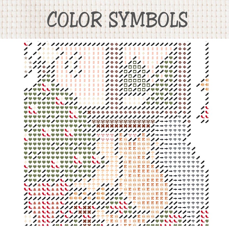 K&ouml;nnte beinhalten: Ein Kreuzstichmuster mit der &Uuml;berschrift COLOR SYMBOLS auf wei&szlig;em Stoff. Das Design zeigt verschiedene Symbole wie Herzen, Pfeile, Buchstaben und geometrische Formen in den Farben Rot, Gr&uuml;n, Schwarz und Beige f&uuml;r Stickarbeiten.